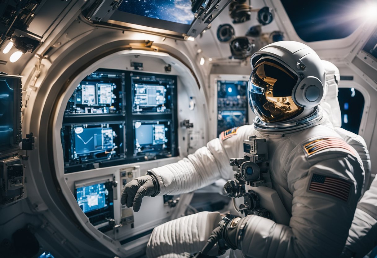 Spacecraft with safety features, like airlocks and emergency escape systems, orbiting Earth. Astronauts in spacesuits conducting safety checks before allowing tourists on board