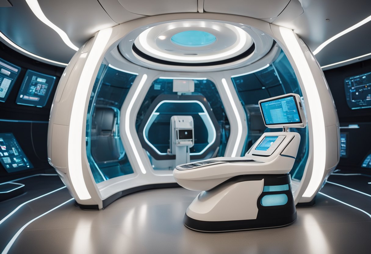A futuristic health pod scans a space tourist for medical clearance before their journey