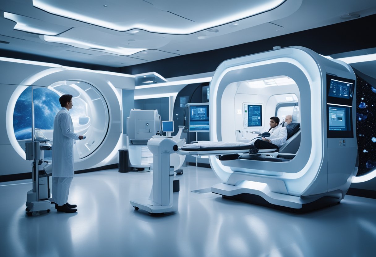 A futuristic health screening pod with advanced medical equipment and a team of technicians conducting tests on space tourists