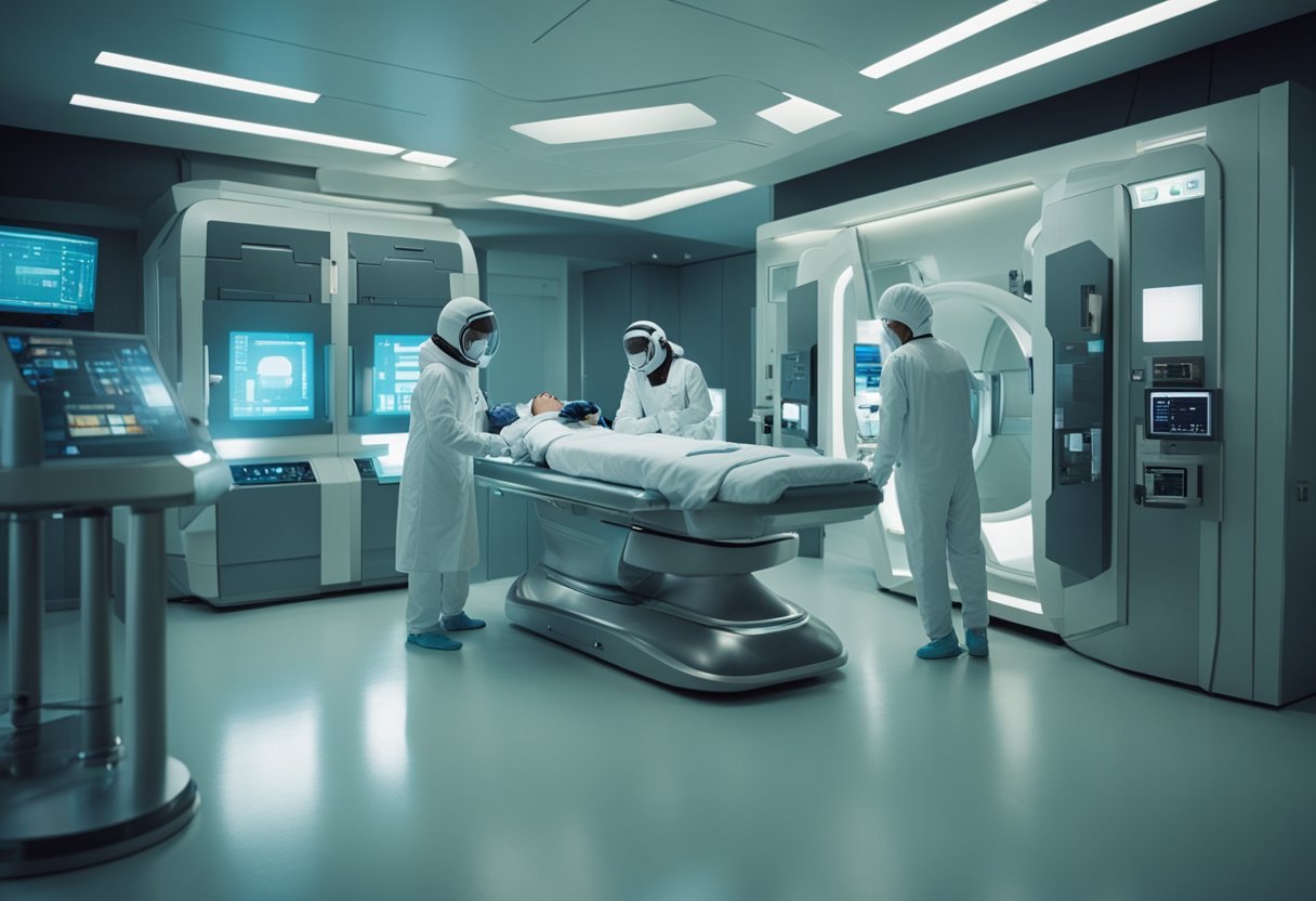 Space tourists undergo health screening in a futuristic medical facility before their training for spaceflight