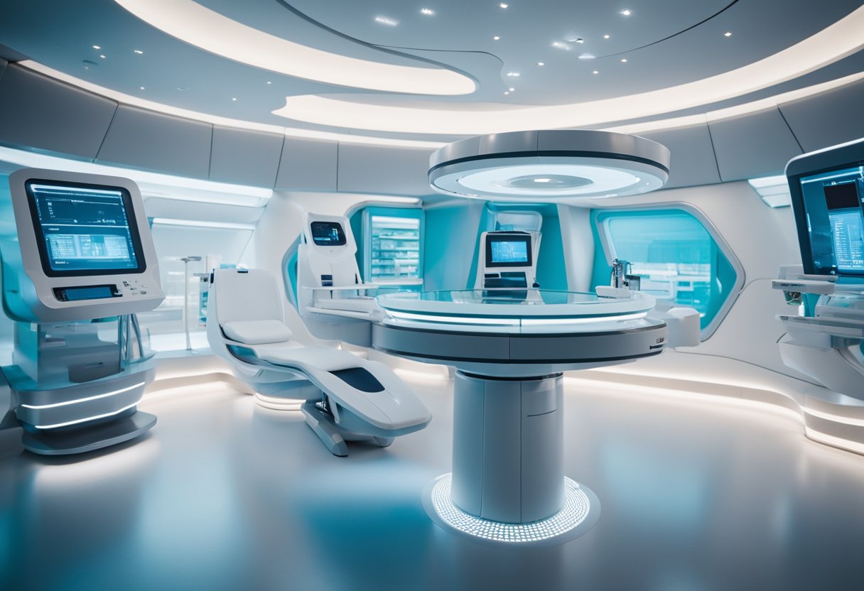 A futuristic health screening station in a space tourism facility, with sleek technology and medical equipment in a clean, bright environment