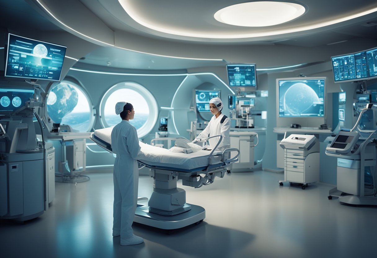 A space tourism health screening is conducted with medical equipment and professionals in a futuristic, sterile environment