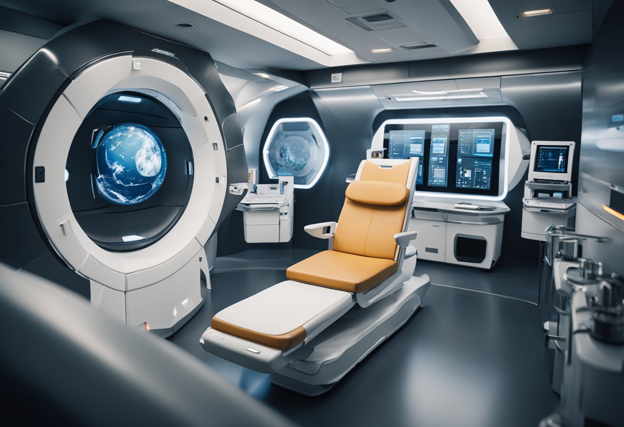 Spacecraft interior with futuristic health screening equipment. Passengers undergo scans before embarking on space tourism journey