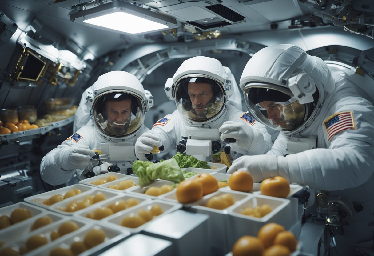 Nutrition in Space Travel: Astronauts carefully measure and consume nutrient-rich meals in a zero-gravity environment, surrounded by floating packets of food and drink