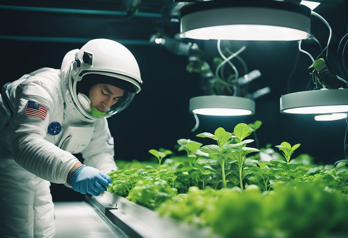 Plants floating in hydroponic system, astronaut tending to growth under artificial light, nutrient solutions circulating