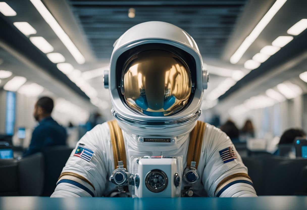 A spaceman undergoes psychological preparation for space travel. The scene includes a spaceman engaging in mental health exercises