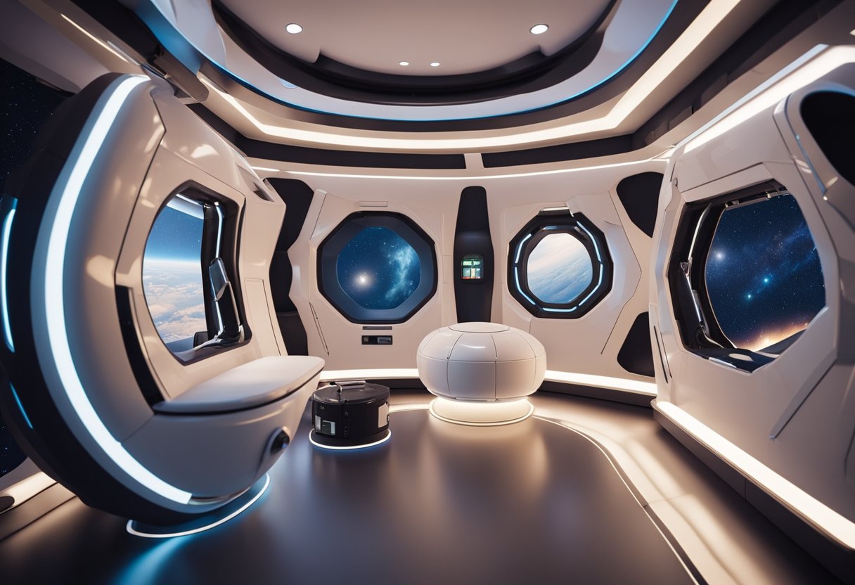 A space capsule interior with exercise equipment and recreational activities, such as virtual reality games and relaxation pods