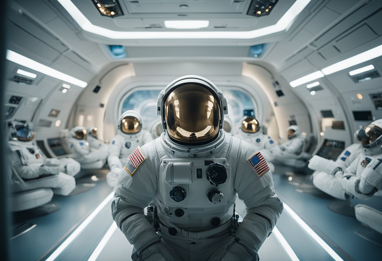 Astronauts undergo psychological training for re-entry, focusing on mental resilience and emotional well-being. Visualize a serene space capsule interior with calming colors and comforting elements