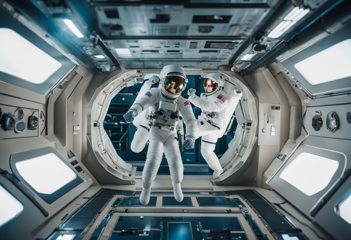 Astronauts exercise in a zero-gravity environment, using specialized equipment to maintain physical fitness for spaceflight