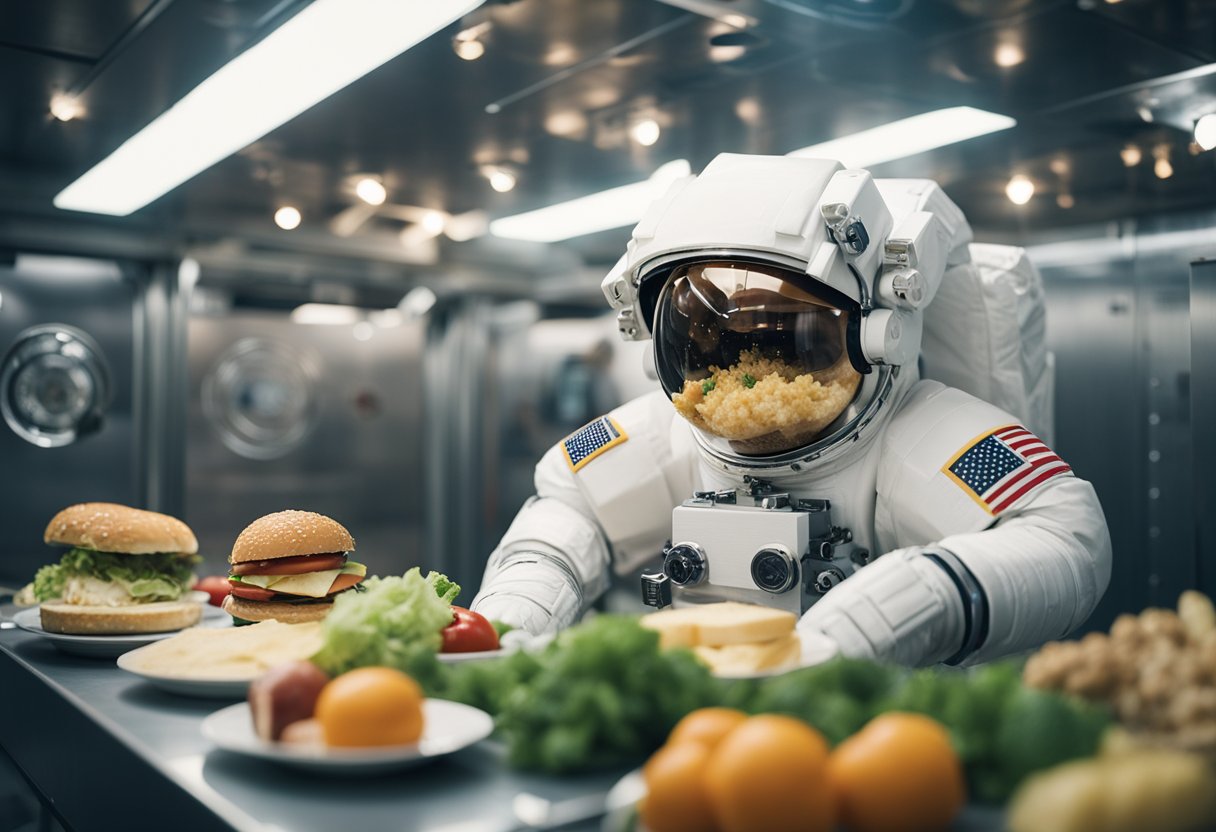 A floating astronaut consumes nutrient-rich food and exercises in a zero-gravity environment