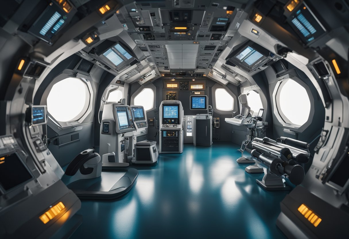 A spaceship interior with exercise equipment and medical monitoring devices for long-duration space missions