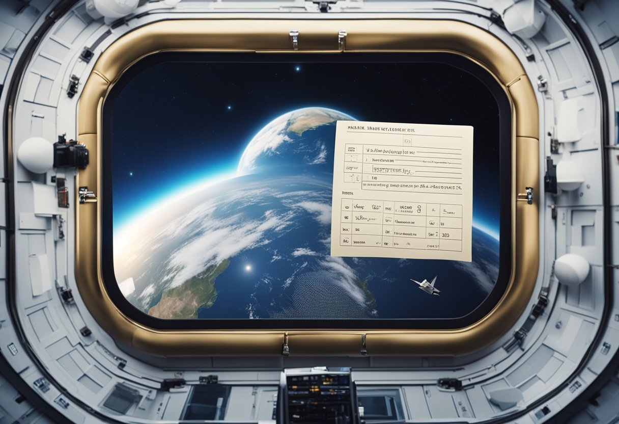 A checklist hovers in zero gravity, with floating pens and tools nearby. Earth looms in the background, framed by the spacecraft window