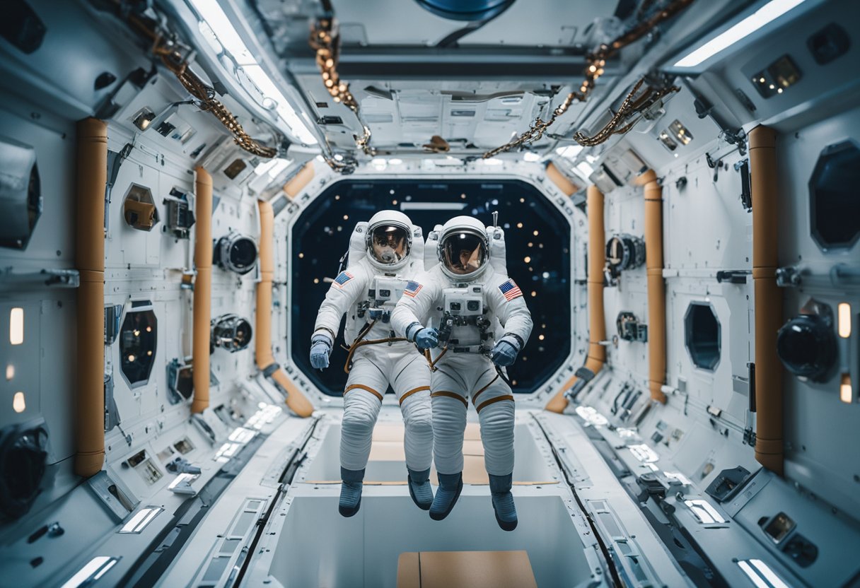 Astronauts float inside a large training module, secured by harnesses, as they practice moving and working in a weightless environment