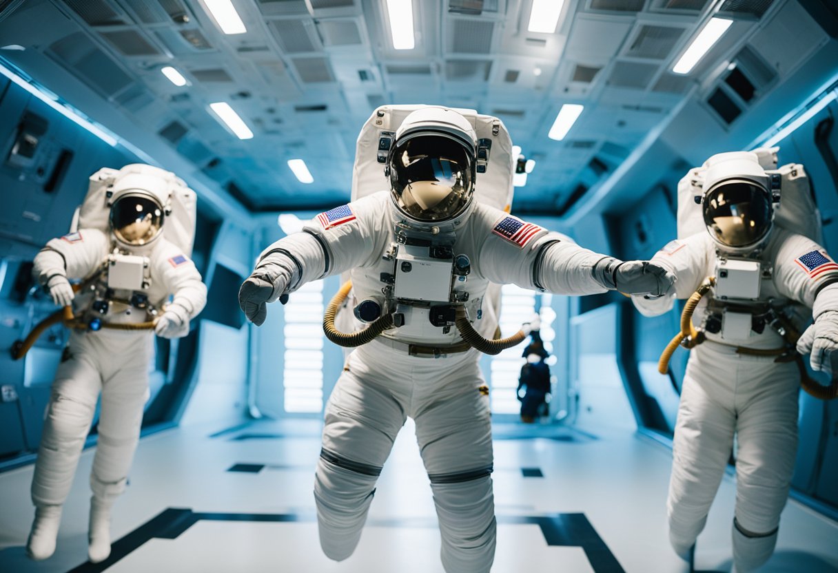Astronauts practice zero gravity techniques in a specialized training facility, using suspension systems and harnesses to simulate weightlessness