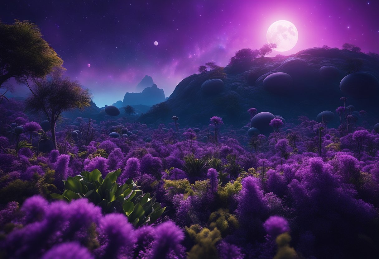 A lush, alien world with towering, bioluminescent plants and strange, otherworldly creatures roaming the landscape. The sky is a deep purple, with multiple moons and a distant, glowing sun