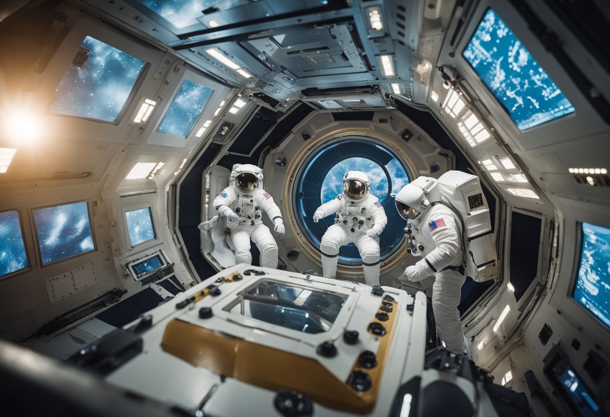 Astronauts floating in a space environment, training for zero gravity while surrounded by equipment to simulate radiation