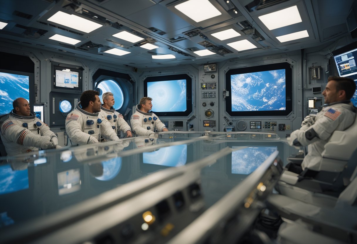 Astronauts float in a large training module, practicing maneuvers in zero gravity. Equipment and control panels line the walls, while instructors observe from a viewing platform