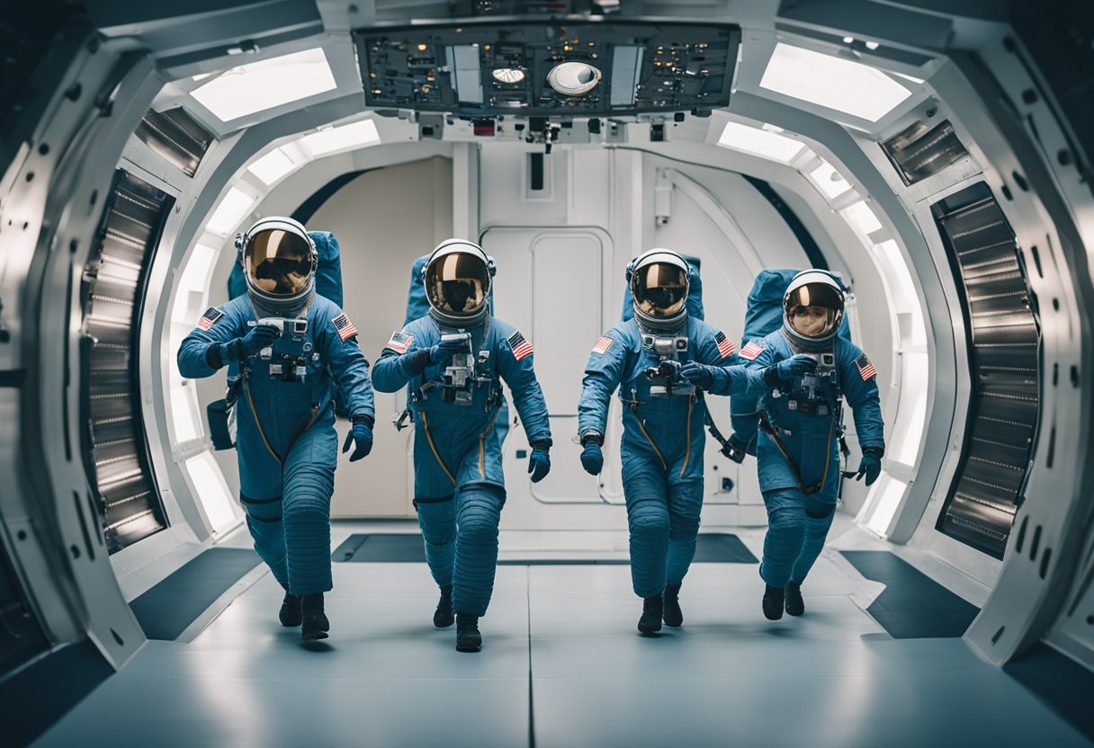 A group of astronauts floats effortlessly in a spacious training facility, practicing maneuvers and exercises in simulated zero gravity