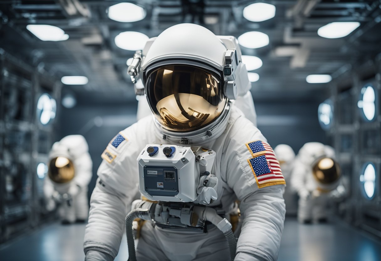 Astronaut safety protocols being tested in a simulated space environment, with advanced technology and equipment being used to ensure the safety of future space missions