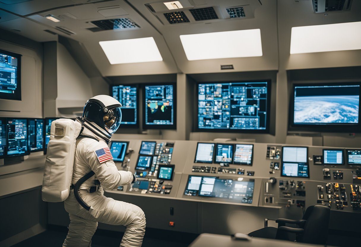 Astronaut safety protocols: Spacesuit inspection, emergency drills, and communication checks in a high-tech control room