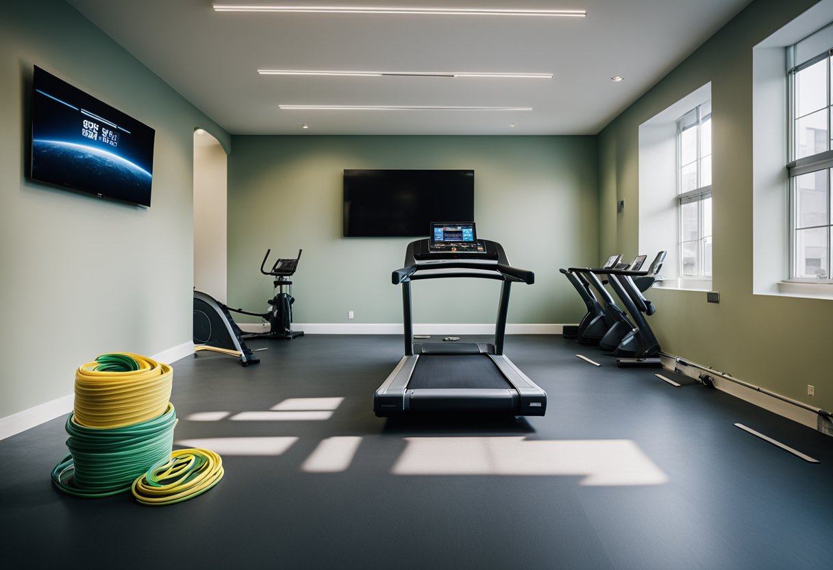 Astronaut equipment scattered on the floor, a treadmill, and resistance bands in a bright, spacious room. A digital screen displays recovery exercises