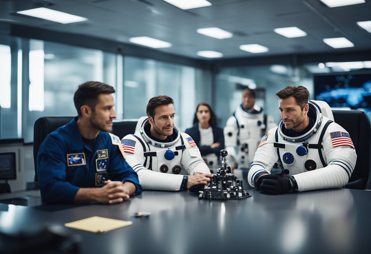 A group of astronauts in training, surrounded by equipment and instructors, learning about frequently asked questions for space travel