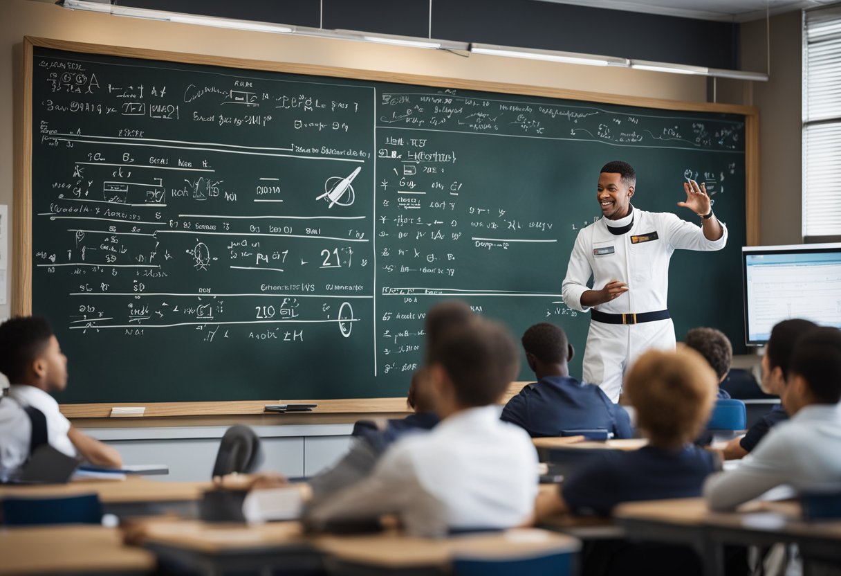 A classroom setting with a chalkboard displaying equations, diagrams of spacecraft, and astronauts in training gear. A teacher or instructor is leading a discussion on the technical and physical training required for space travel