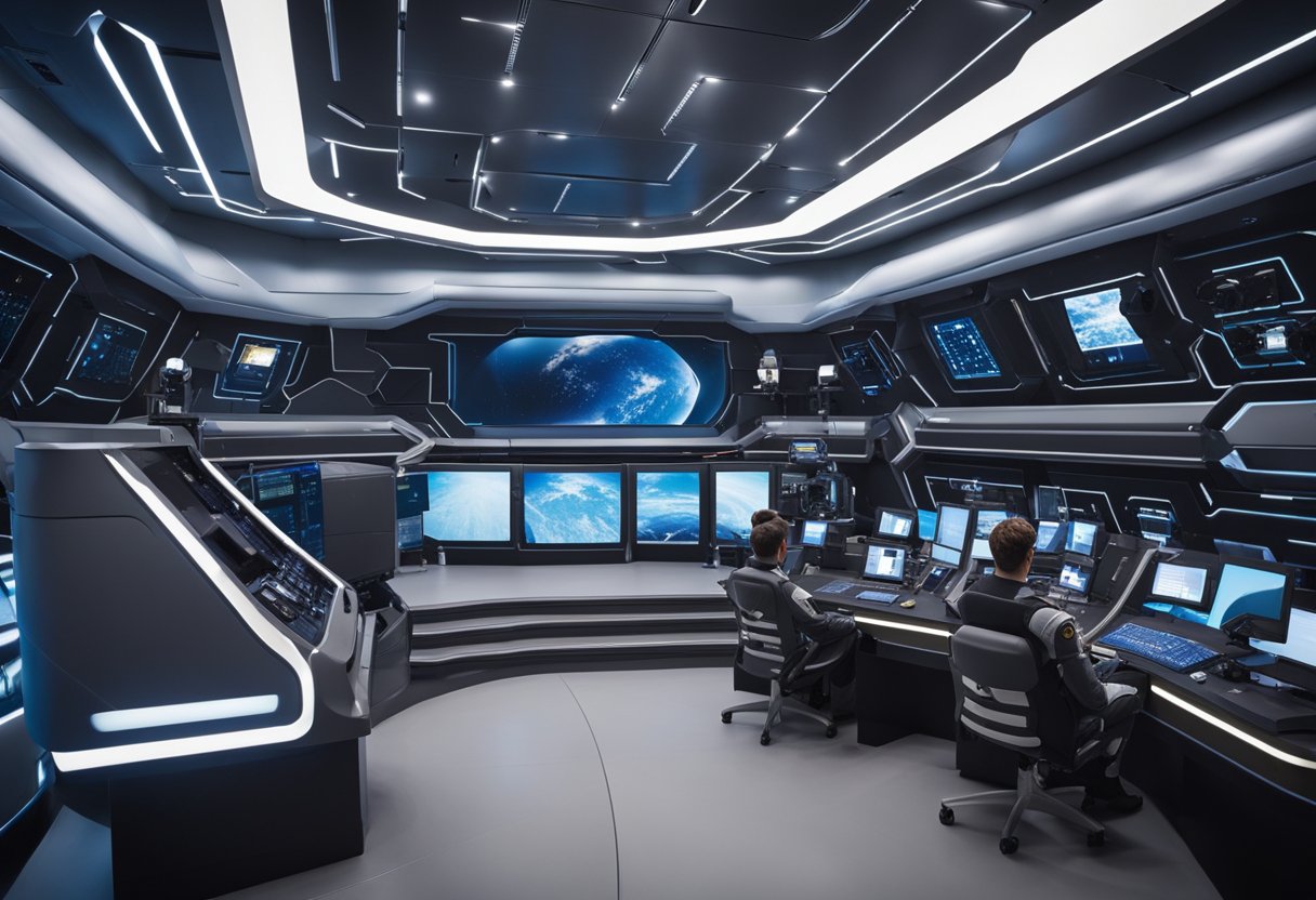A futuristic training facility with advanced equipment for space travel. High-tech simulators and virtual reality tools are used for training