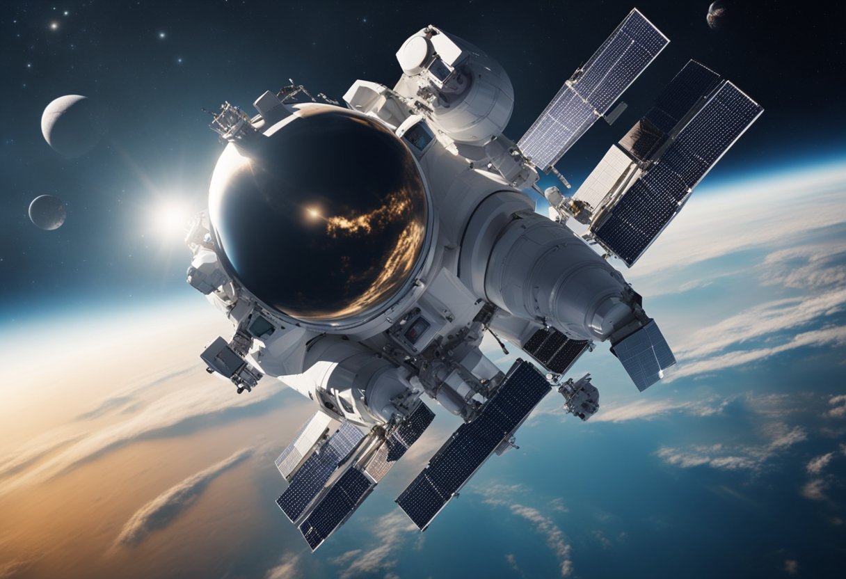 A spacecraft floats in the vastness of space, with scientific equipment and medical supplies visible inside. The effects of space travel on the body are evident through the presence of exercise equipment and medical monitoring devices