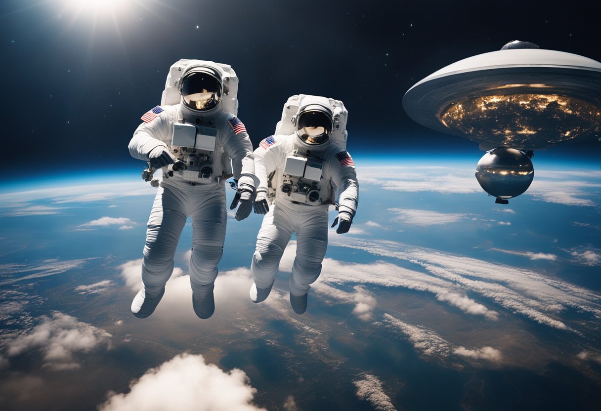 Astronauts float freely, equipment and objects hover weightlessly, while the Earth looms large in the background