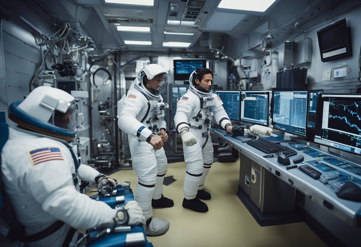 Astronauts using exercise equipment, monitoring health data, and taking precautions in a space station to mitigate health risks in microgravity