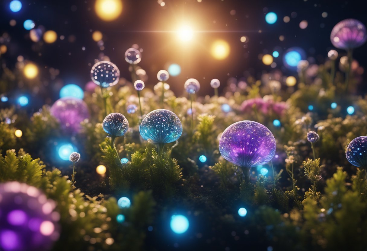 A floating garden of colorful, alien-like plants and organisms drifts gracefully in the vastness of space, surrounded by glowing orbs of light and shimmering particles