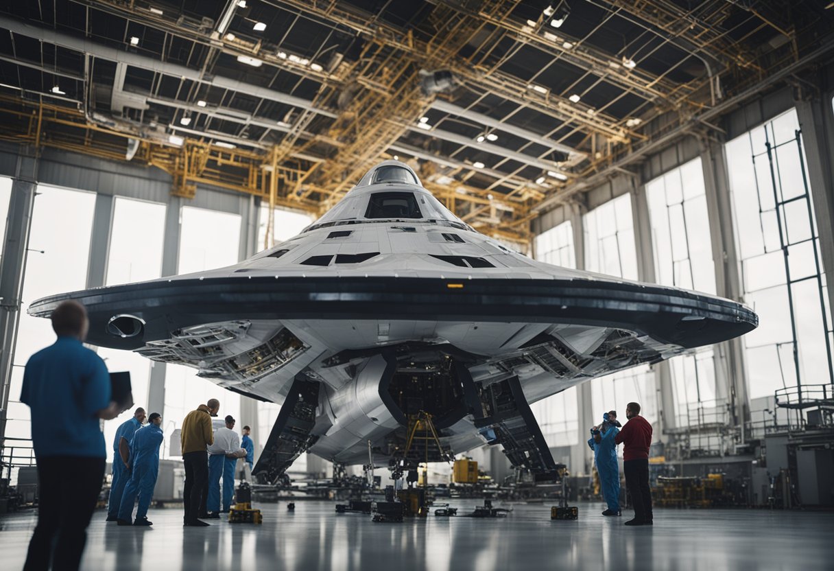 A spaceship sits on a launch pad, surrounded by engineers and scientists making final preparations for its journey into space