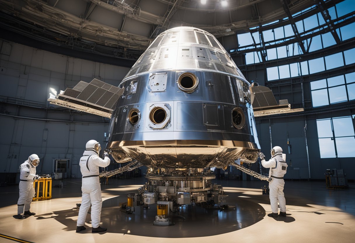 A sleek, metallic spacecraft sits on a launch pad, with technicians making final adjustments to its engines and electronics. The sun glints off its polished surface, and the air crackles with anticipation for the upcoming space journey