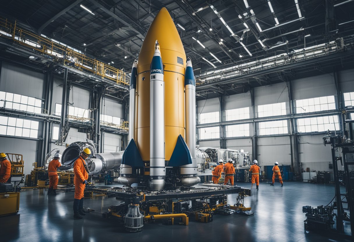 A rocket sits on a launch pad, surrounded by technicians and engineers making final preparations for a space journey. Equipment and tools are scattered around as the team works diligently to ensure a successful mission