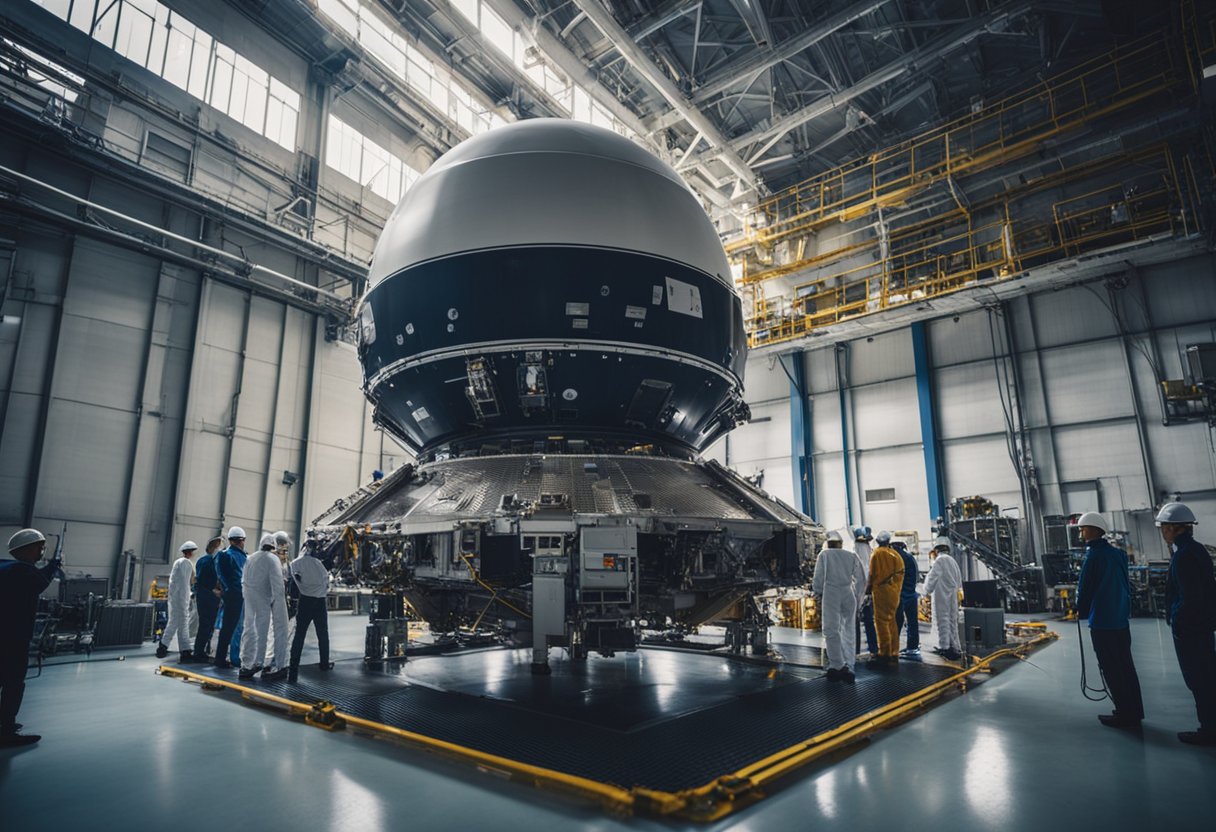 A spacecraft sits on a launch pad, surrounded by technicians and engineers conducting final checks and preparations for its return and re-entry into the Earth's atmosphere