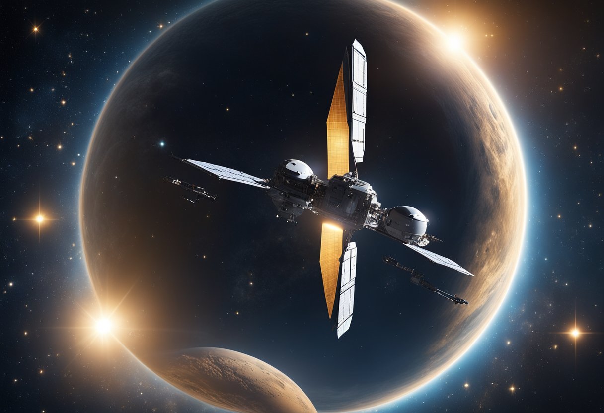 A spacecraft glides through the vast darkness of space, surrounded by twinkling stars and distant galaxies. The sleek, futuristic design exudes confidence and advanced technology, while the glow of the sun reflects off its metallic surface