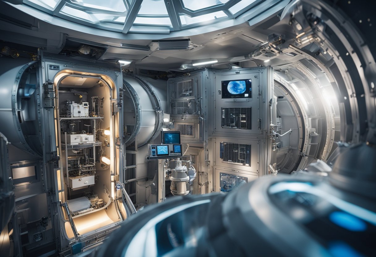 A space habitat with airlocks, oxygen tanks, and water recycling systems, surrounded by a protective shield to shield from cosmic radiation