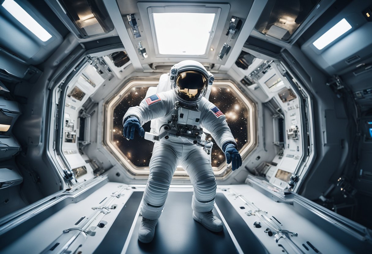 Astronaut floats in a spacious, weightless environment, surrounded by equipment and technology. The lack of gravity creates a sense of disorientation and freedom