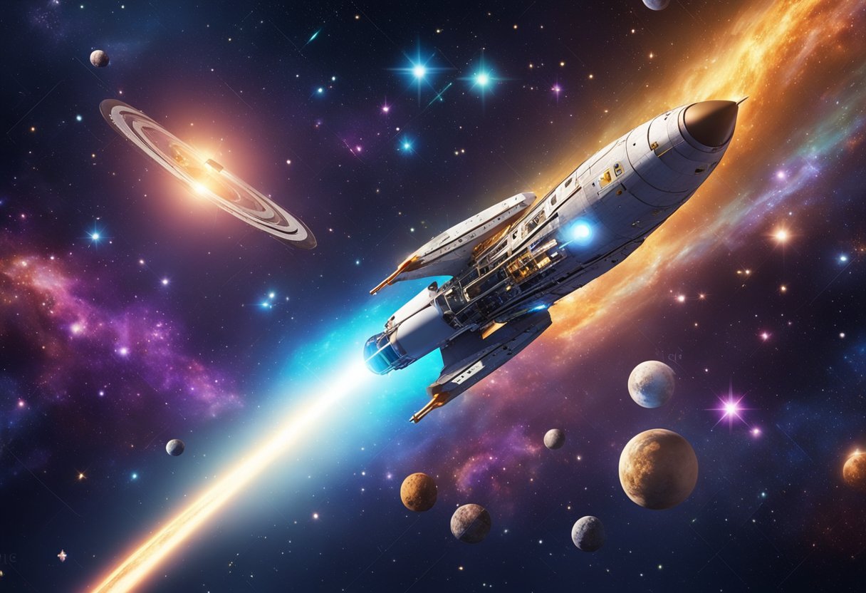 Space Travel Guide: A rocket ship glides through the vastness of space, surrounded by twinkling stars and colorful galaxies. The ship is adorned with sleek, futuristic designs and emits a powerful glow as it embarks on its interstellar journey
