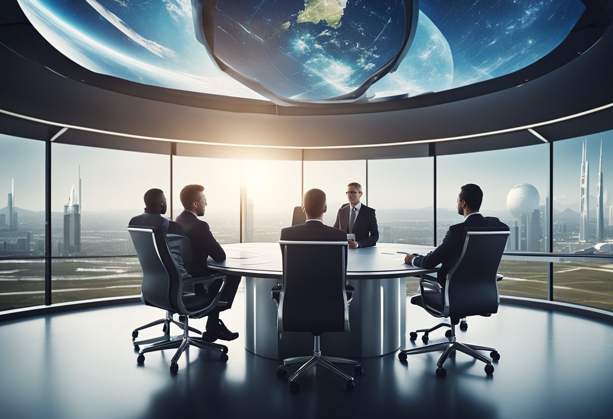 A group of officials review and update space tourism regulations in a modern conference room with large windows overlooking a futuristic spaceport