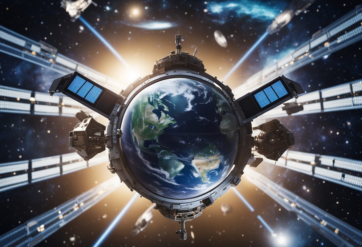 Spacecraft orbiting Earth, with updated regulations visible on screens