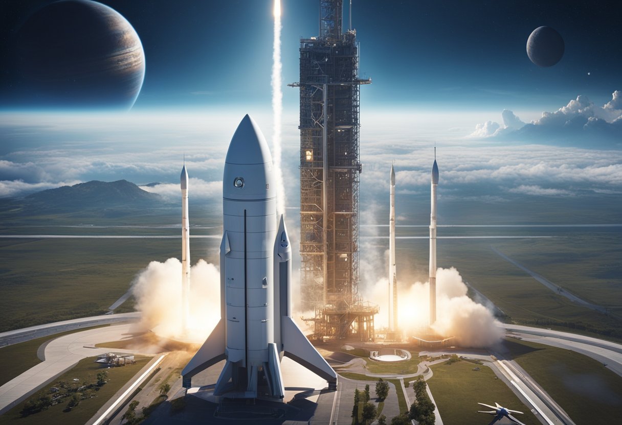 A rocket launches from a futuristic spaceport, while a group of officials discuss new regulations for space tourism