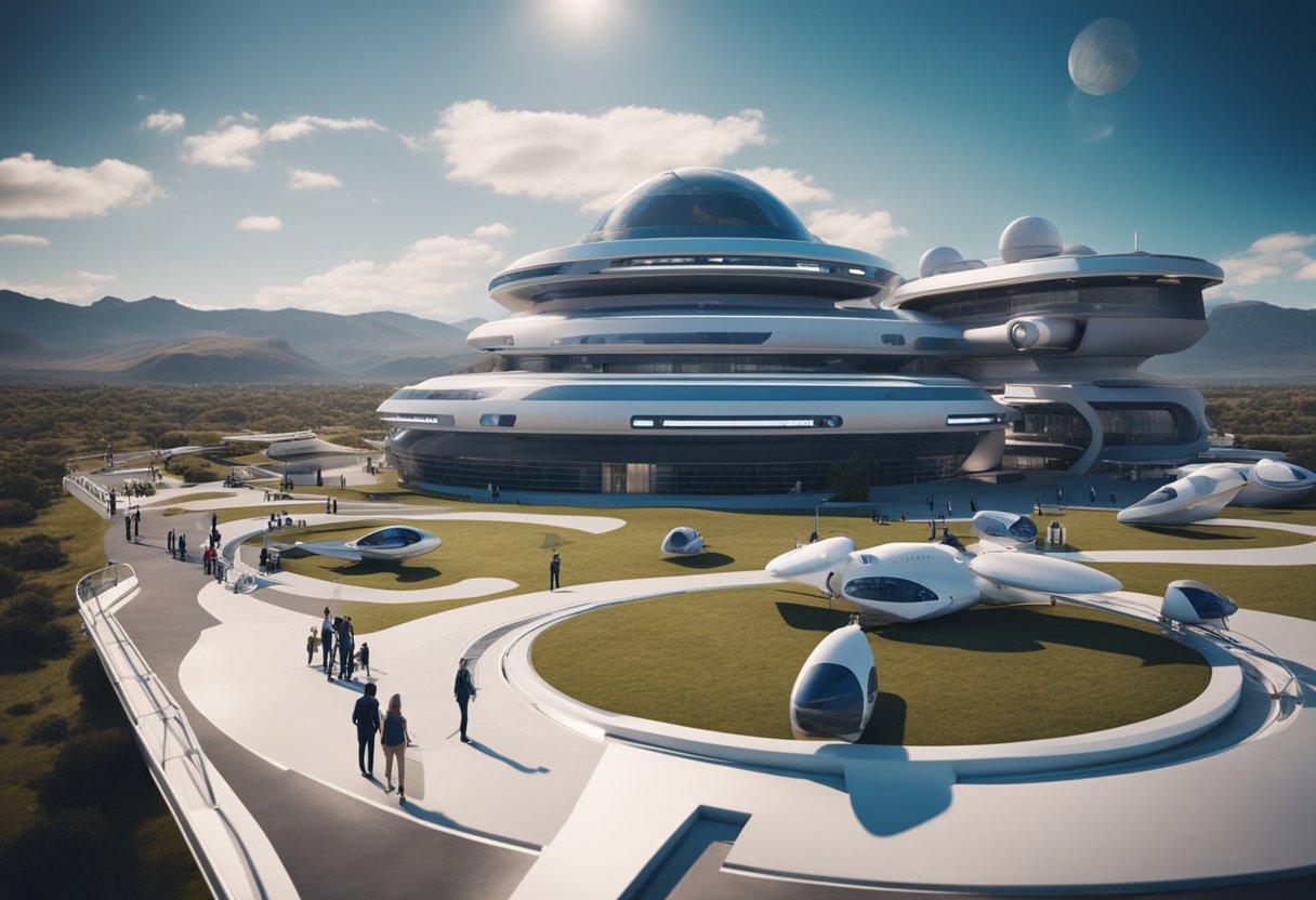 Space tourism regulations updated, showcasing spacecraft and launch sites with tourists boarding. A futuristic space hotel orbits in the background