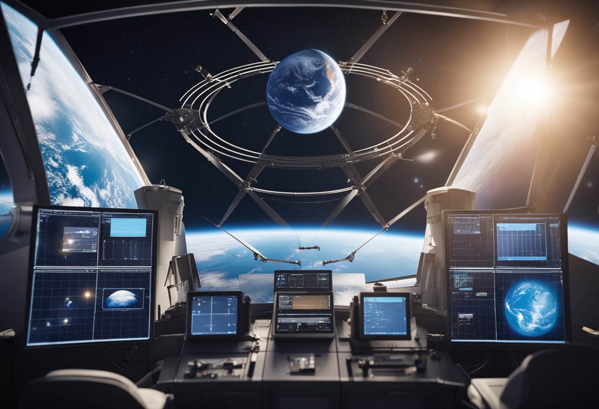 Spacecraft orbiting Earth with updated environmental regulations displayed on screens. Solar panels powering the vessel, while Earth's delicate atmosphere is highlighted