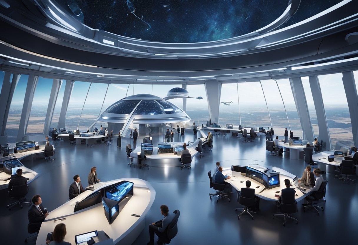 A futuristic spaceport with sleek spacecrafts, bustling with activity as officials discuss new regulations for commercial space tourism