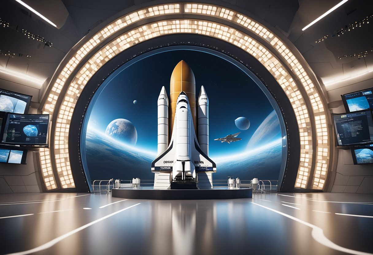 A space shuttle launches from a futuristic spaceport, with a large digital screen displaying "Frequently Asked Questions: Space Tourism Regulatory Updates" in the background