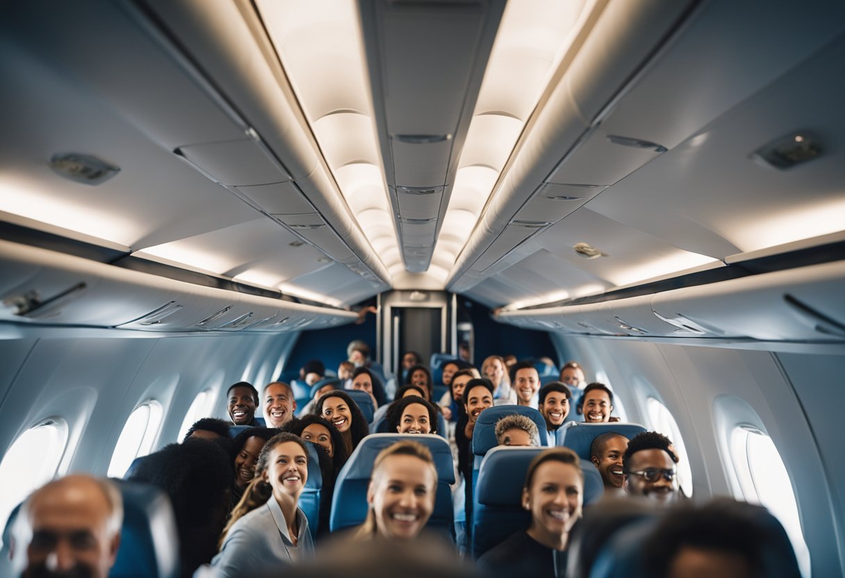 A group of people floating weightlessly inside a spacious aircraft cabin, with smiles on their faces as they experience zero gravity during a flight package