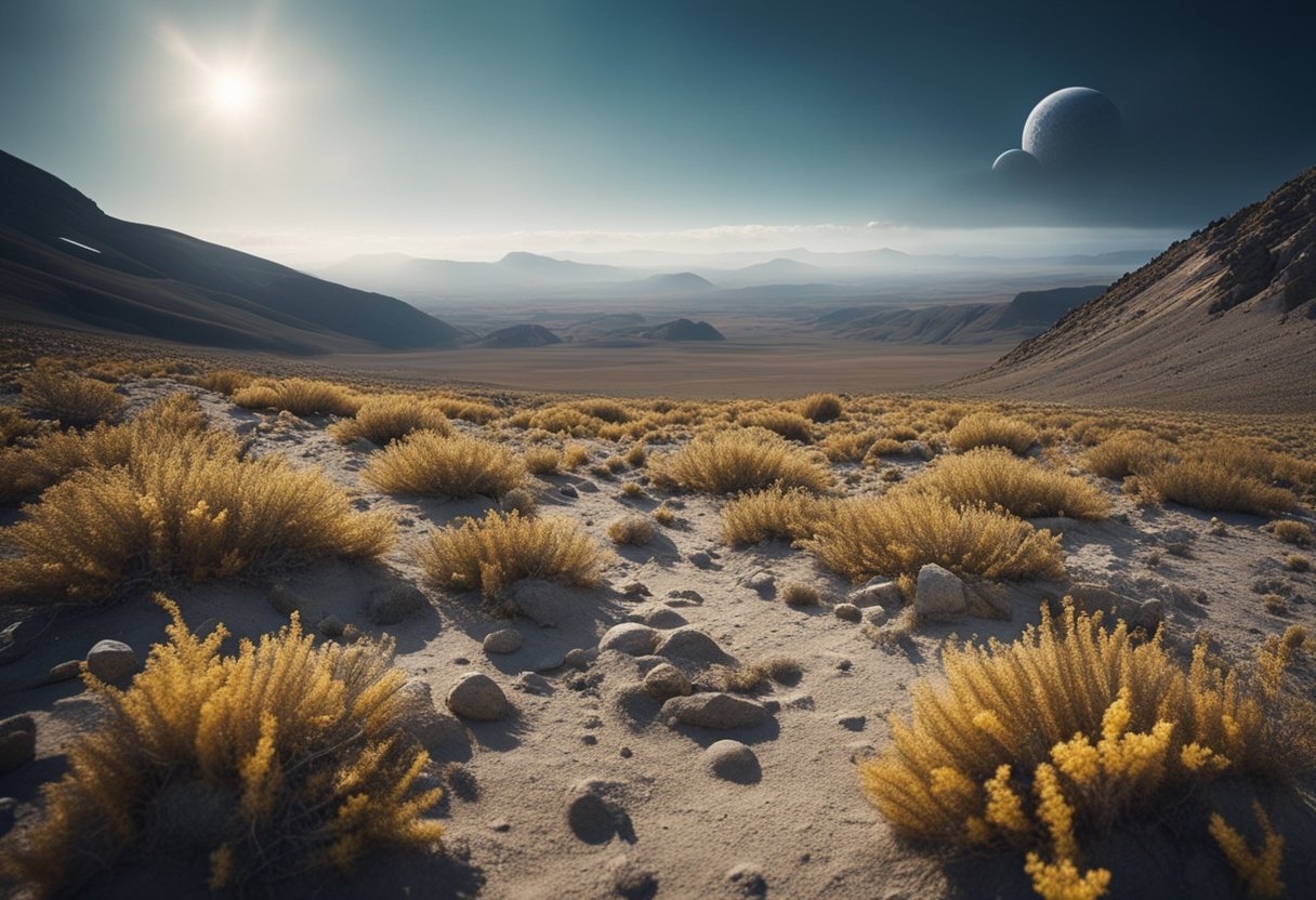 Vast landscape with diverse organisms, including extremophiles, thriving in harsh environments. Researchers studying microbial life in outer space
