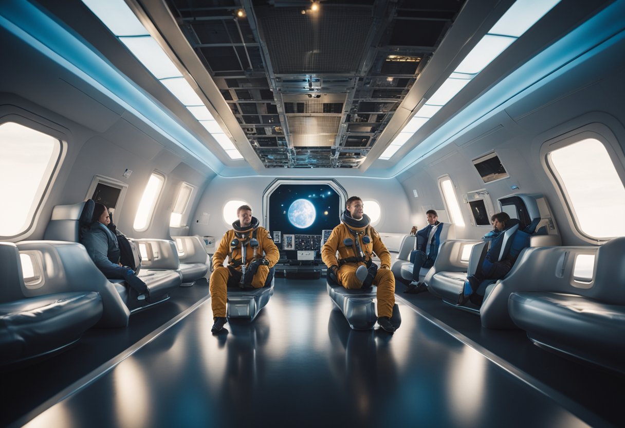 A group of people in a zero gravity flight, floating weightlessly inside a spacious cabin, with equipment and safety measures visible around them